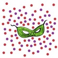 Hand drawn New Year`s green mask and colorful confetti on white background.