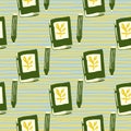 Hand drawn notebook and pencil silhouettes seamless pattern. School style print in green tones with stripped background Royalty Free Stock Photo