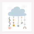 Hand drawn nursery cute design template with cloud and decorative elements rainbows, flowers, birds, hearts. Vector illustration