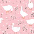 Hand drawn nursery pattern with cute cartoon goose and daisy flowers. Seamless vector background Royalty Free Stock Photo