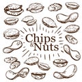 Hand drawn nuts and fried potato chips collection isolated on white background. snack set in engraved vintage style. Sketch Royalty Free Stock Photo