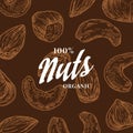 Hand Drawn Nuts Pattern Card. Abstract Vector Cashew, Hazelnut and Almond Sketch Background