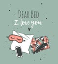 Hand drawn objects about Sleep Routines and text.Vector Cozy Illustration. Creative artwork. Set of doodle pillow and quote DEAR