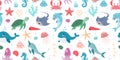 Hand drawn ocean creatures seamless pattern. Cartoon Sea animals. Vector doodle style sea animals for design