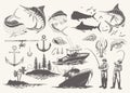 Hand Drawn Ocean Fishing Set Illustration in Vintage Style Collection Royalty Free Stock Photo