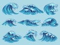 Hand drawn ocean waves. Sketch sea tidal blue waves tide splash hand drawn surfing storm wavy water doodle vintage set Royalty Free Stock Photo