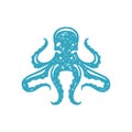 Hand drawn octopus with tentacles minimalist ocean life underwater creature logo blue grunge texture