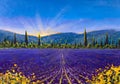 Sault Village in Vaucluse Lavender flower field Provence France Oil painting on canvas Royalty Free Stock Photo