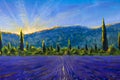 Sault Village in Vaucluse Lavender flower field Provence France Oil painting on canvas Royalty Free Stock Photo