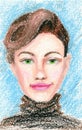 Hand drawn oil pastel portrait of the caucasian green eyed dark haired girl