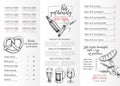 Hand drawn Oktoberfest pub menu template. Beer and snacks. Vector glass, bottle, opener, fish, pretzel, barley, hop Royalty Free Stock Photo