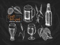 Hand drawn Oktoberfest pub poster. Beer ingredients. Vector glass, bottle, wheat, barley, hop cones. Chalkboard Royalty Free Stock Photo