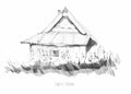 Hand drawn old cottage wooden facade illustration. Graphic pencil sketch isolated on white background. Sweet home text
