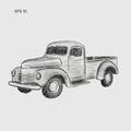 Old Retro Farmer Pickup Truck Vector Illustration. Hand Drawn Icon.