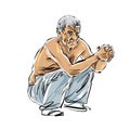Hand drawn old man illustration on white background, grey-haired squatting man. Royalty Free Stock Photo