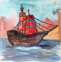 Hand drawn old sail boat. Scarlet sails fairy tale. Watercolor sea sketch. Watercolor illustration. Seascape drawing. Summer sun s
