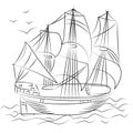 Hand Drawn Old Ship with Birds. Sketch Style. Royalty Free Stock Photo