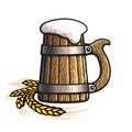 Hand drawn old wooden beer mug and barley or wheat ear label logo design. Vector illustration Royalty Free Stock Photo