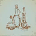 Hand drawn Olive Oil in Glass Bottles