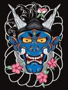 Japanese demon mask tattoo for arm.hand drawn Oni mask with cherry blossom and peony flower.Japanese demon mask on wave and sakura