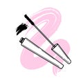 Hand drawn open tube of mascara on a gentle brush stroke in grunge style. Sketch, cosmetic illustration vector Royalty Free Stock Photo