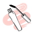 Hand drawn open tube of mascara on a gentle brush stroke in grunge style. Sketch, cosmetic illustration vector Royalty Free Stock Photo
