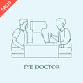 Hand drawn ophthalmologist doctor examining patient eyesight with ophthalmological equipment design flat isolated vector on white