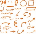 Hand drawn orange arrows circles and abstract doodle.