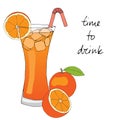 Hand drawn orange cocktail with ice, straw and oranges. Royalty Free Stock Photo