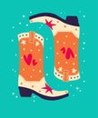Hand drawn orange cowboy boots with hearts and stars on mint background. Cute greeting card vector illustration. Bright colorful