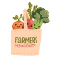 Hand drawn organic food characters in tote bag isolated on white background. Banner template of a eco friendly, green