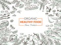 Hand drawn organic food. Healthy vegetables and spices background, gourmet fish menu vintage sketch. Vector menu design