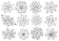 Hand drawn ornamental flowers black and white set. Collection with doodle plants Royalty Free Stock Photo