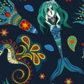 Hand drawn Ornamental Mermaid, sea-horse and calamar, seamless Royalty Free Stock Photo