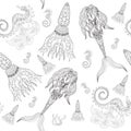 Hand drawn Ornamental Mermaid, sea-horse and calmar. Fairy-tale Royalty Free Stock Photo