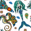 Hand drawn Ornamental Mermaid, sea-horse Fairy-tale Royalty Free Stock Photo