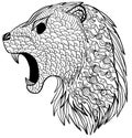 Hand drawn ornamental outline lion head illustration decorated
