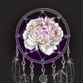 Hand drawn ornate Dreamcatcher gently pink peony bud in the center on black background. Vector illustration.