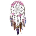 Hand drawn ornate Dreamcatcher with pink wild flowers Astrology, spirituality, magic symbol. Ethnic tribal element.