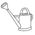 Hand drawn outline black vector illustration of a beautiful metal watering can for gardening isolated on a white background