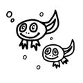 Hand drawn outline black vector illustration of two beautiful happy tadpoles frogs isolated on a white background