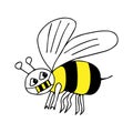 Hand-drawn outline black and yellow vector illustration of a tired sad bee in a medical mask isolated on a white background Royalty Free Stock Photo