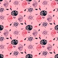 Hand drawn outline botanic flowers seamless pattern. Black, lilac and pink contoures ornament on soft pink background