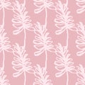 Hand drawn outline branch silouettes seamless pattern. White contoured ornament on pink pastel background