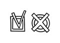 Hand drawn outline check marks. Doodle tickbox and cross in a round shape. Agree or disagree sign. Vector illustration