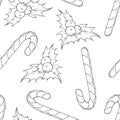 Hand drawn outline christmas seamless pattern. Black and white food background