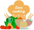 Hand drawn outline of expression love cooking text near dish ingredients, food, vegetables