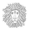 Hand drawn outline lion head decorated with abstract doodle zentangle ornaments. Sketch for your design Royalty Free Stock Photo