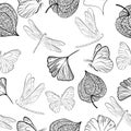 Hand drawn of Outline Physalis fruit, butterfly, dragonfly, ginkgo leaf. Vector seamless pattern illustration Royalty Free Stock Photo