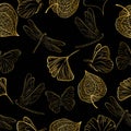 Hand drawn of Outline Physalis fruit, butterfly, dragonfly, ginkgo leaf. Vector seamless pattern illustration Royalty Free Stock Photo